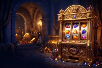 Golden slot machine with fruit and gem symbols